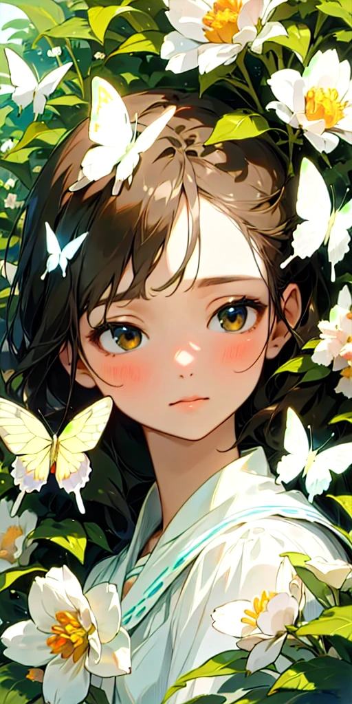 (Highest quality, masterpiece, Ultra-realistic), Beautiful and delicate girl portrait, With a calm and gentle expression, The background scenery is full of blooming flowers.、A garden where butterflies fly around.
