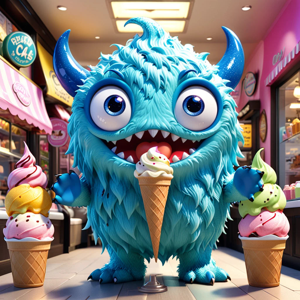 Ice Cream Monster Cute ice cream monster with big eyes and swirls, Creamy body, Have fun and relax at the ice cream parlour. Cartoon characters are designed in the style of Pixar Animation Studios, Created using C4D software. A delicious color combination、Expressing cool expressions with speech bubbles. This refreshing scene will add joy to your mobile phone wallpaper. --1 included:1-6 replies.0 --3D Rendering