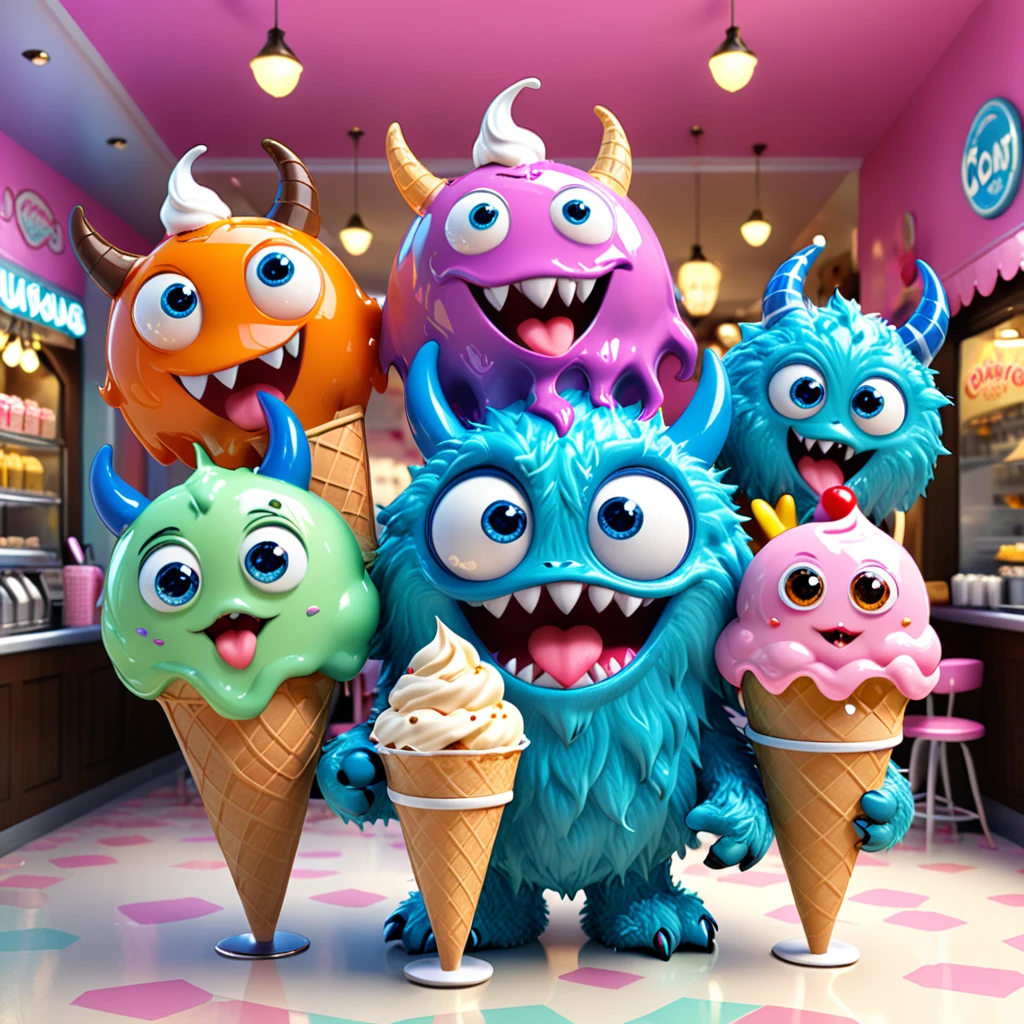 Ice Cream Monster Cute ice cream monster with big eyes and swirls, Creamy body, Have fun and relax at the ice cream parlour. Cartoon characters are designed in the style of Pixar Animation Studios, Created using C4D software. A delicious color combination、Expressing cool expressions with speech bubbles. This refreshing scene will add joy to your mobile phone wallpaper. --1 included:1-6 replies.0 --3D Rendering