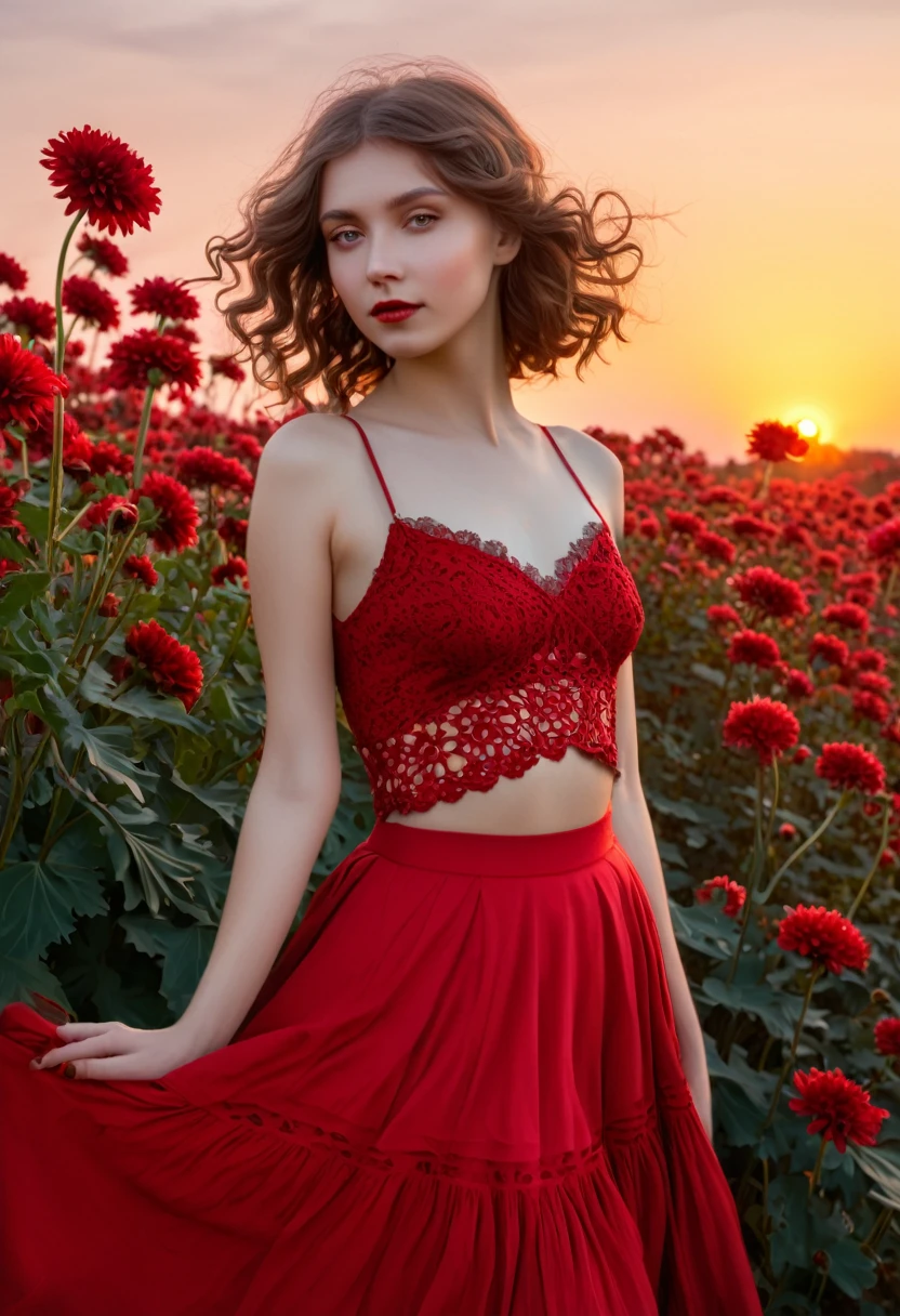A beautiful woman, Beauty queen, personification of ruby, fatal girl with a languid look, in a dress with a red skirt, the sunset is burning behind her, and in the foreground there are openwork red chrysanthemums - a symbol of love and passion, in the style of Alphonse Mucha