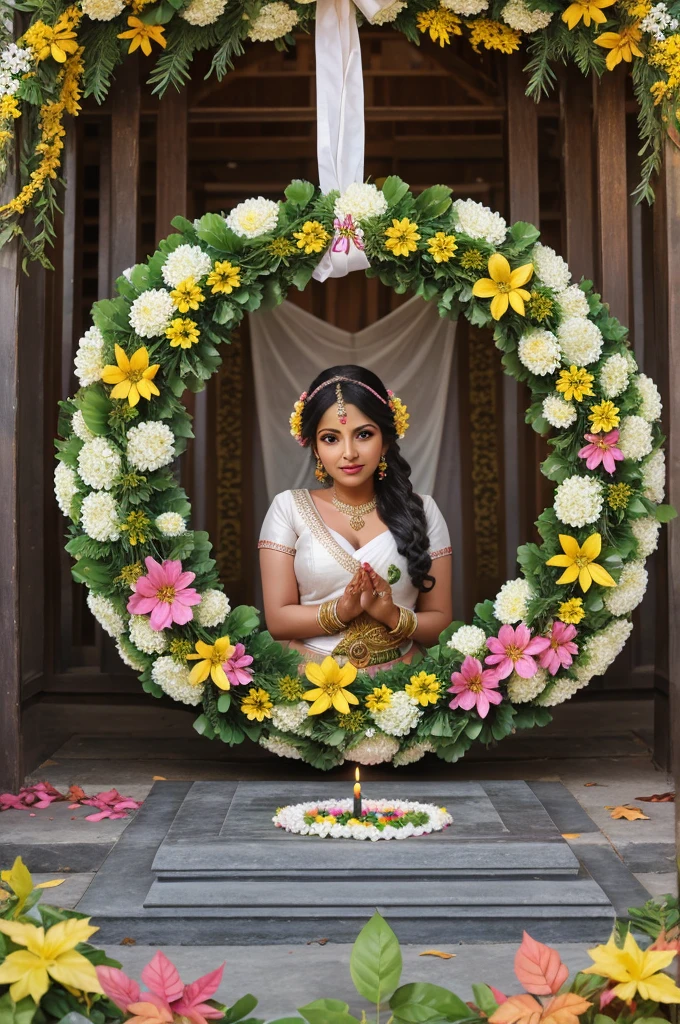 A decorative wreath made of vibrant greenleaves and flowers encircles the wordPOOJA in textured white letters. Above thewreath, colorful puffs of pink, yellow, andgreen smoke emerge, while scatteredleaves surround the composition on a gray