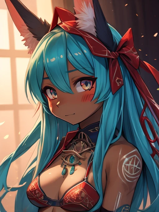 Miku Hatsune,Arabic, tanned skin, High Definition, kitsune ears, tribal tattoo, shy girl, Small breasts add_detail