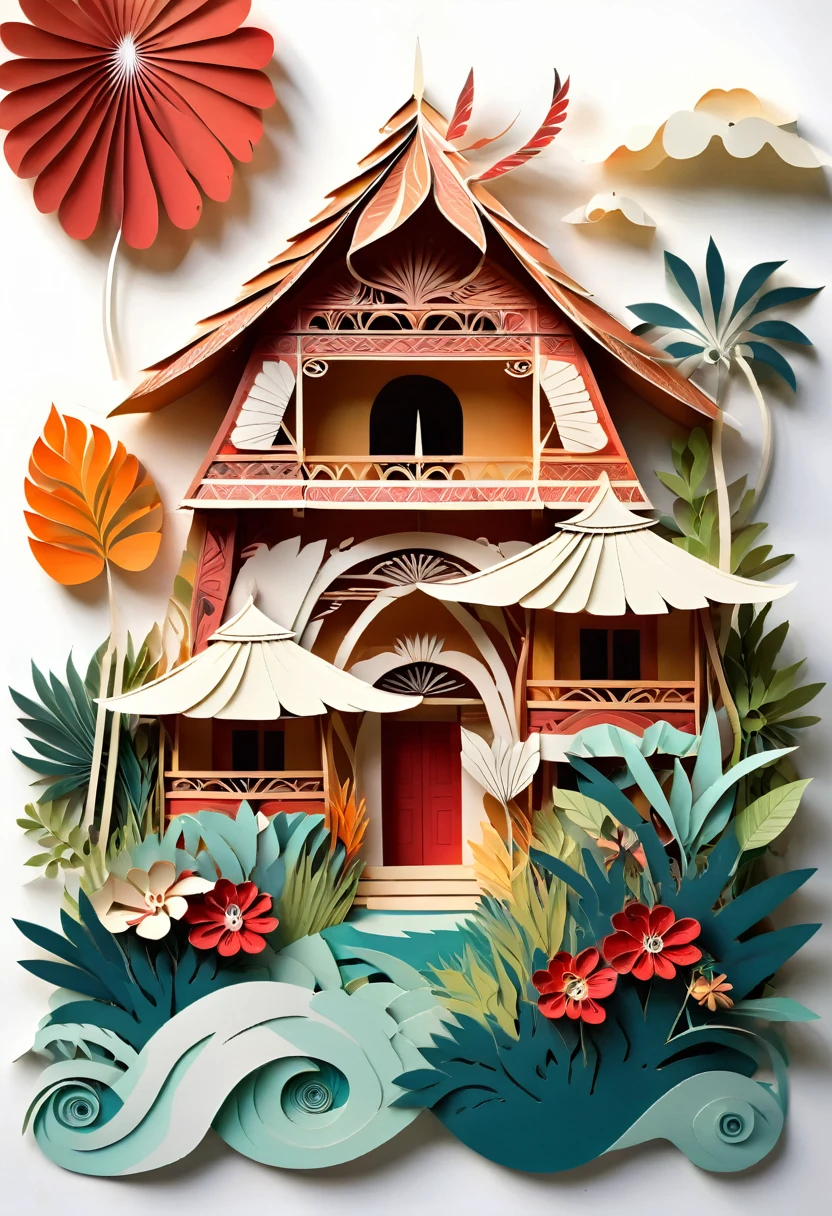 paper cuttings art, honai, traditional house of papuans, houses made of wood with a conical roof made of straw or reeds, Honai has a small door and no windows (paper cutout,paper art, layered paper art,paper quilling, digital art), Against a pure white background, vector illustration, papercut style, layers, colours, hires, high quality image, borders page, nature background, leaf and floral