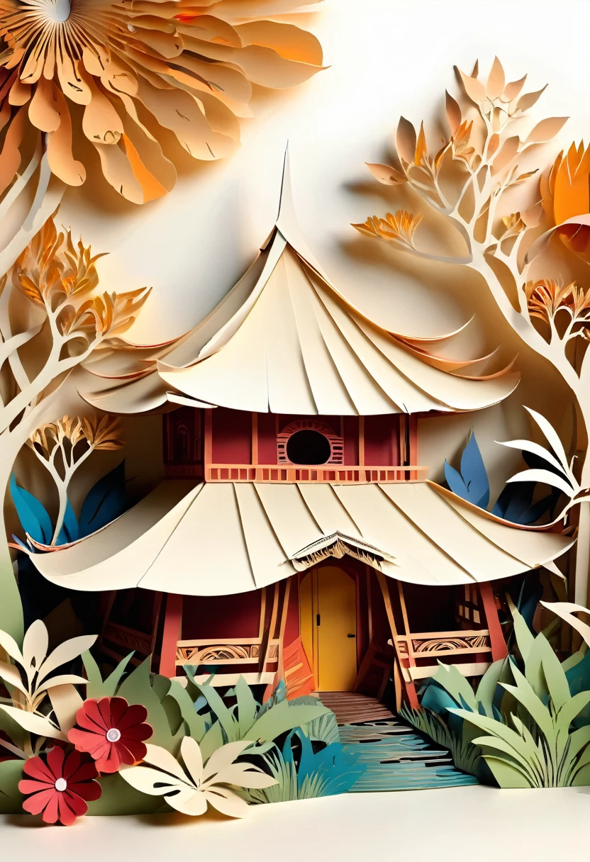 paper cuttings art, honai, traditional house of papuans, houses made of wood with a conical roof made of straw or reeds, Honai has a small door and no windows (paper cutout,paper art, layered paper art,paper quilling, digital art), Against a pure white background, vector illustration, papercut style, layers, colours, hires, high quality image, borders page, nature background, leaf and floral