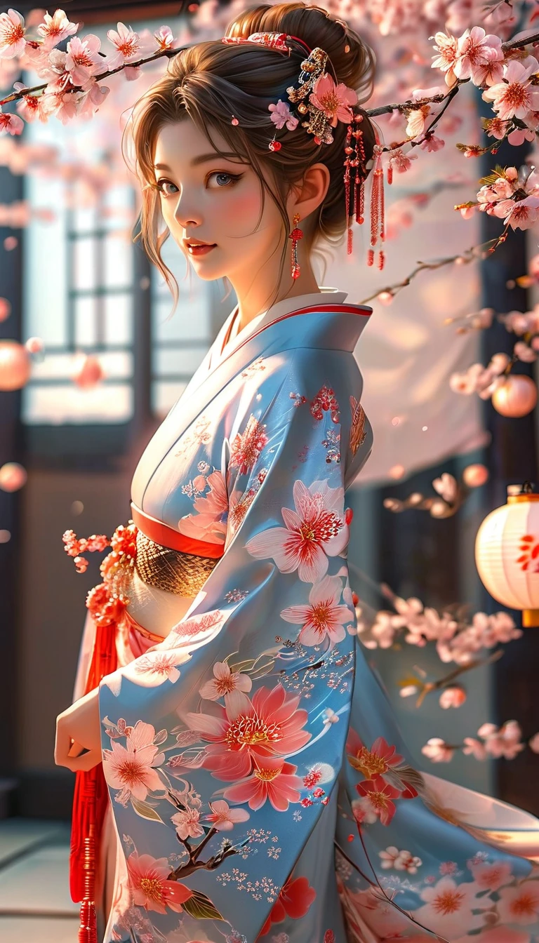 A masterpiece of a high school girl in a provocative kimono.: A masterpiece in 16K UHD resolution takes place in a Japanese-style room decorated with cherry blossoms and lanterns.。An attractive young woman with brown hair falling down her back、She wears a flowing kimono that accentuates her curves..。His blue eyes shine with admiration as he smiles with his mouth open...、Its detailed features give off a blushing charm.。Photorealistic images are、From the seams of your kimono to every strand of hair、Capture every detail as the light flows softly behind her..。Her long fingers are adorned with intricate nails.