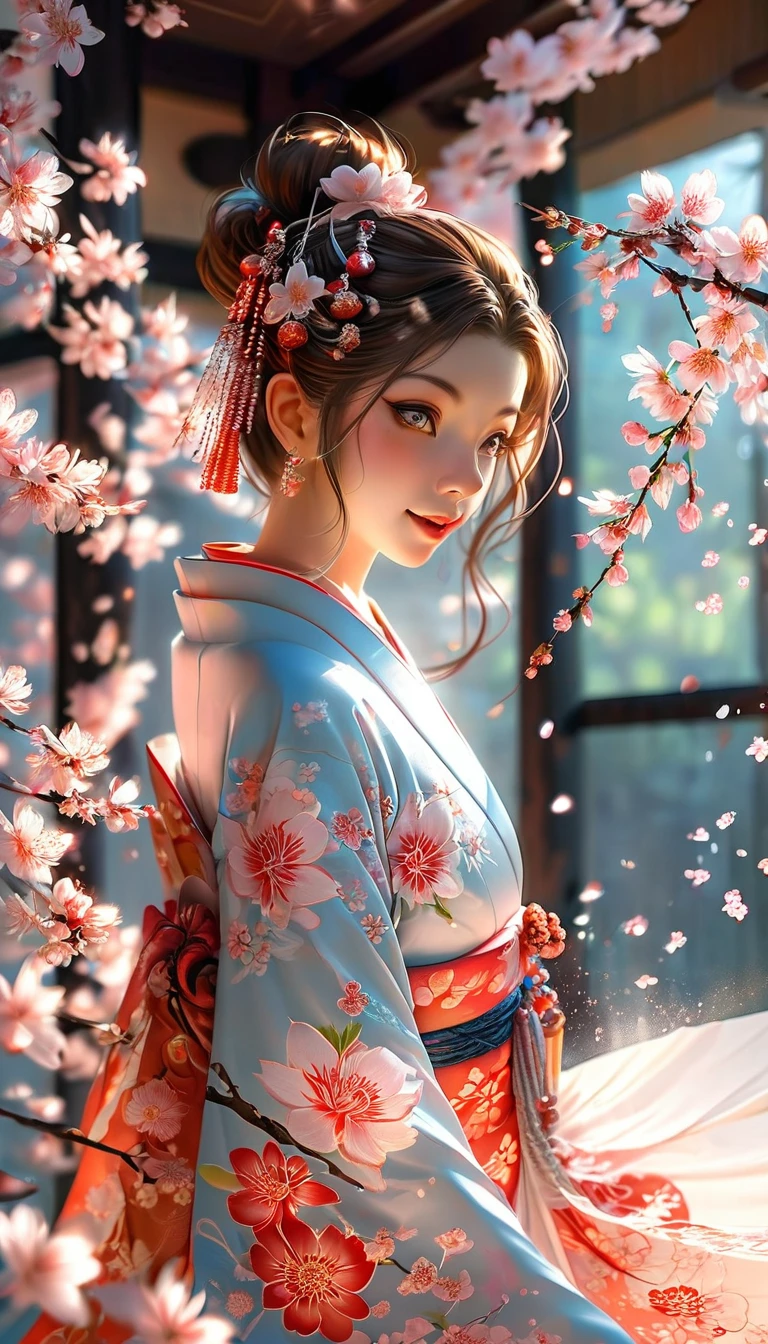 A masterpiece of a high school girl in a provocative kimono.: A masterpiece in 16K UHD resolution takes place in a Japanese-style room decorated with cherry blossoms and lanterns.。An attractive young woman with brown hair falling down her back、She wears a flowing kimono that accentuates her curves..。His blue eyes shine with admiration as he smiles with his mouth open...、Its detailed features give off a blushing charm.。Photorealistic images are、From the seams of your kimono to every strand of hair、Capture every detail as the light flows softly behind her..。Her long fingers are adorned with intricate nails.