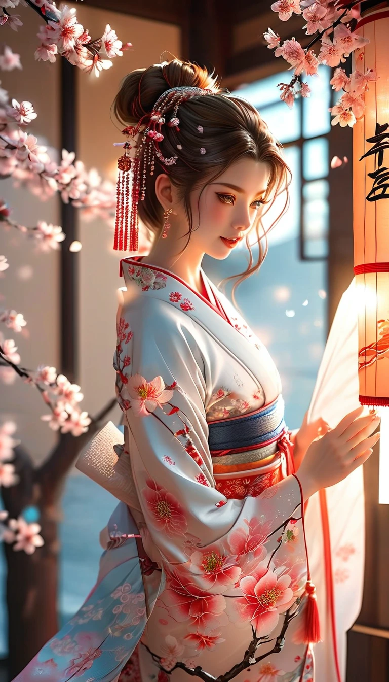 A masterpiece of a high school girl in a provocative kimono.: A masterpiece in 16K UHD resolution takes place in a Japanese-style room decorated with cherry blossoms and lanterns.。An attractive young woman with brown hair falling down her back、She wears a flowing kimono that accentuates her curves..。His blue eyes shine with admiration as he smiles with his mouth open...、Its detailed features give off a blushing charm.。Photorealistic images are、From the seams of your kimono to every strand of hair、Capture every detail as the light flows softly behind her..。Her long fingers are adorned with intricate nails.