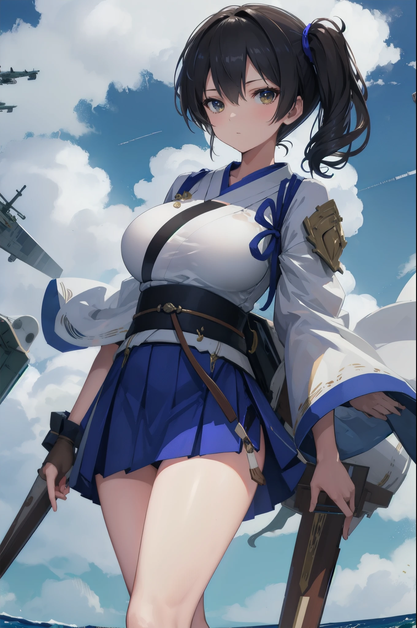 Kaga(Fleet Collection),highest quality, masterpiece, High resolution,kimono,blue skirt,side ponytail,big_breasts,
