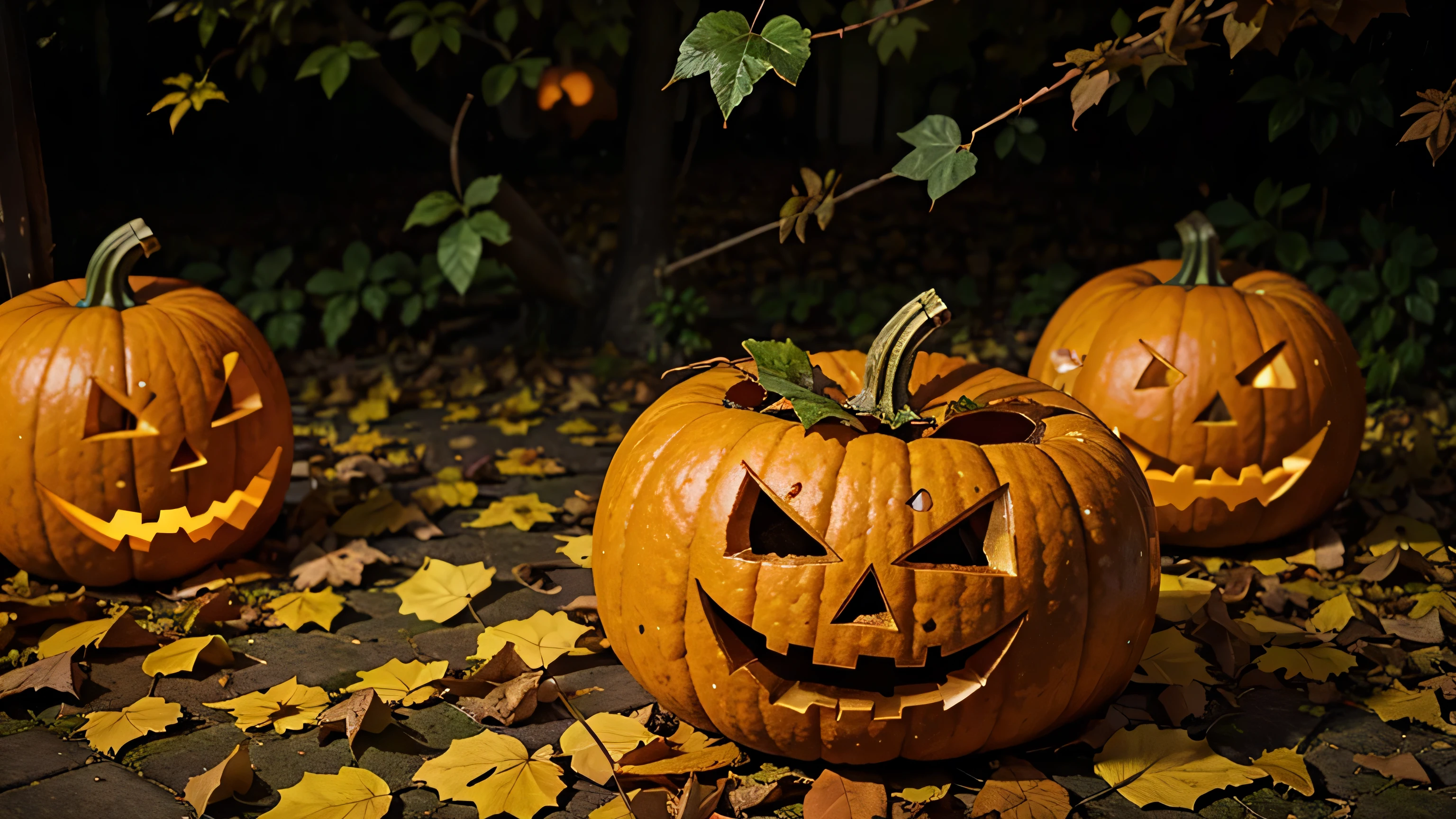 Jack-O'-Lantern pumpkin with a living, talking face, surrounded by scattered autumn leaves