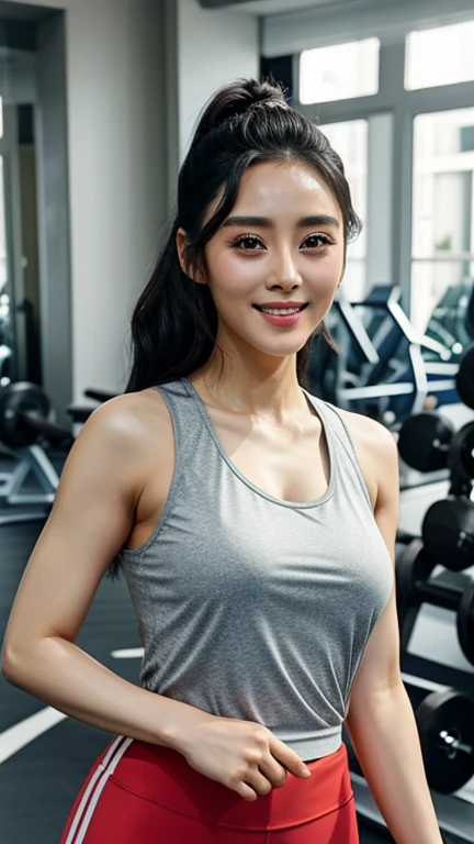 Fan Bing-bing wearing tank top sportswear in the gym and smiling