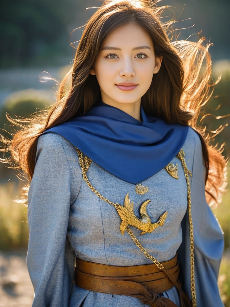 1femele、Best Quality、masutepiece、Cinematic lighting、8k、From the knees up、Well-formed face、A slight smil、Medieval metal armor on the chest、Blue clothes、Detailed skin、Detailed eyes、chestnut hair、A detailed face、Longsword in right hand、Blue cloak、golden decorations on clothes、chain mail、Phoenix crest、grass field