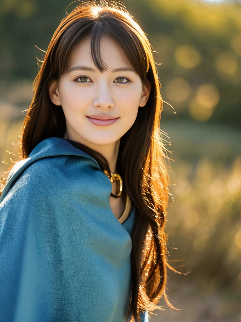 １femele、Best Quality、masutepiece、Cinematic lighting、８ｋ、From the knees up、Well-formed face、A slight smil、Medieval metal armor on the chest、Blue clothes、Detailed skin、Detailed eyes、chestnut hair、A detailed face、Longsword in right hand、Blue cloak、golden decorations on clothes、chain mail、Phoenix crest、grass field