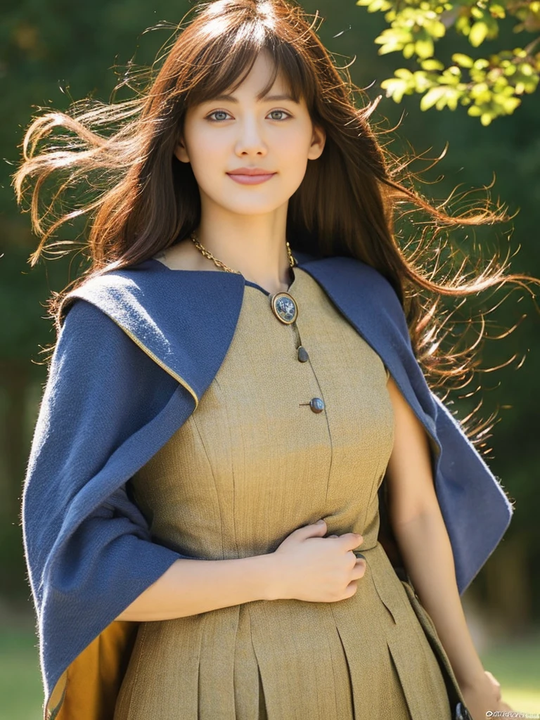 1femele、Best Quality、masutepiece、Cinematic lighting、8k、From the knees up、Well-formed face、A slight smil、Medieval metal armor on the chest、Blue clothes、Detailed skin、Detailed eyes、chestnut hair、A detailed face、Longsword in right hand、Blue cloak、golden decorations on clothes、chain mail、Phoenix crest、grass field