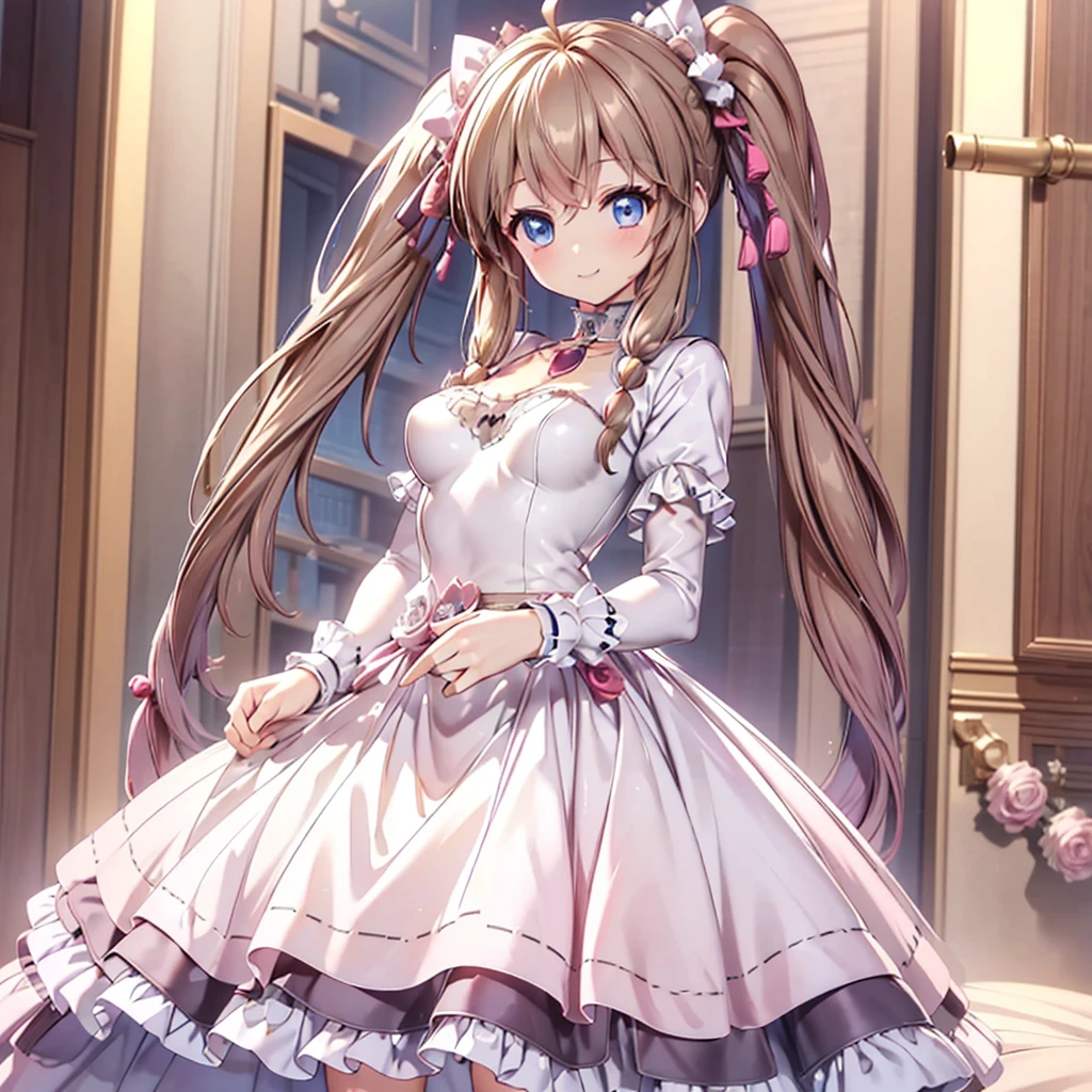 Passport photo, full body, kawaii girl, blue eyes, light brown hair, stand in front the camera, neutral pose, long twintails, braids, princess dress, smile, high resolution, best detailed face and eyes, masterpiece, best quality