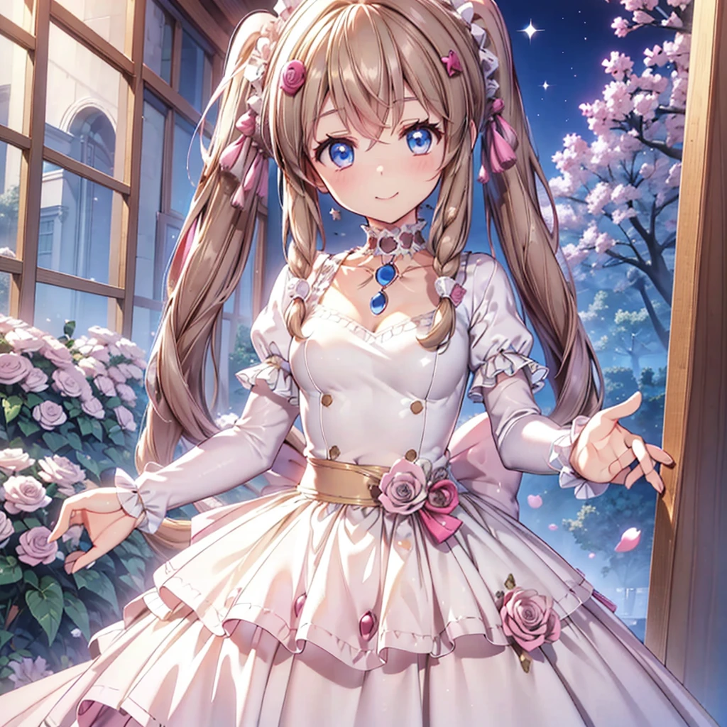 Passport photo, full body, kawaii girl, blue eyes, light brown hair, stand in front the camera, neutral pose, long twintails, braids, princess dress, smile, high resolution, best detailed face and eyes, masterpiece, best quality