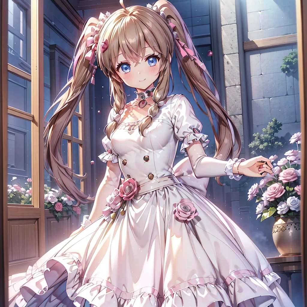 Passport photo, full body, kawaii girl, blue eyes, light brown hair, stand in front the camera, neutral pose, long twintails, braids, princess dress, smile, high resolution, best detailed face and eyes, masterpiece, best quality