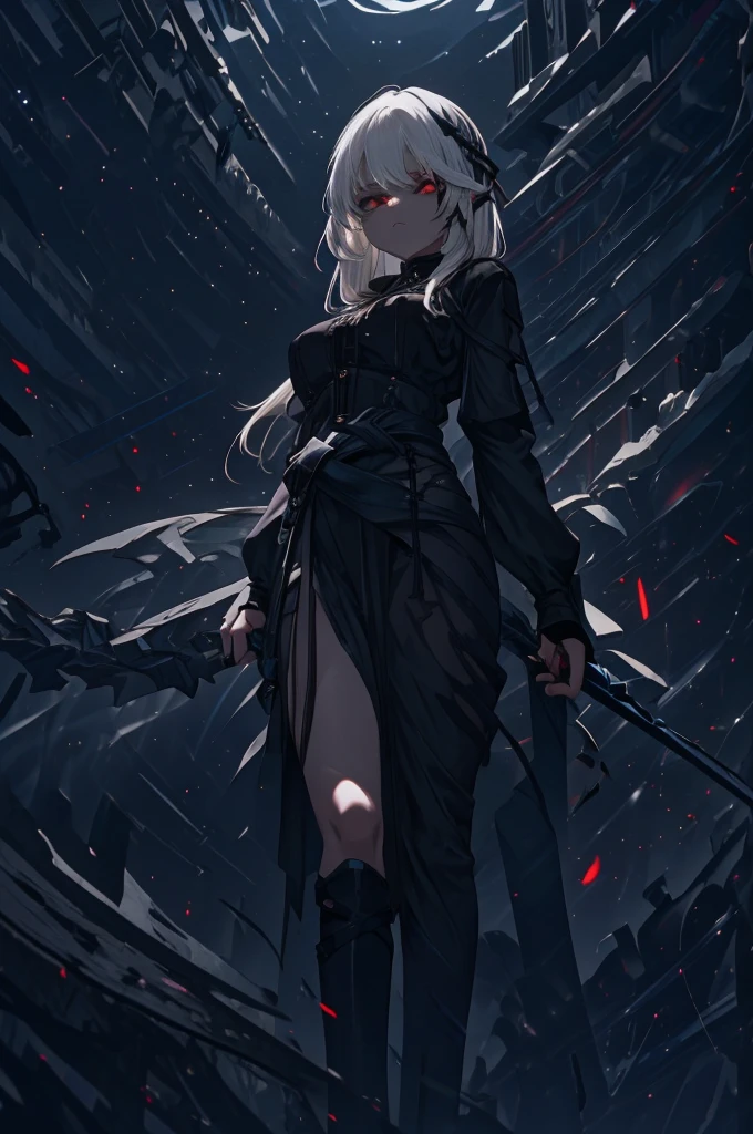 Girl, 20 years old, with long white hair down to below her waist, a serious yet tender expression, and red eyes. Her hair features black streaks. She wears antique-style clothing, a long black dress with a slit on the legs, and high black boots that almost reach her knees. Her power and background are related to shadows and darkness. 