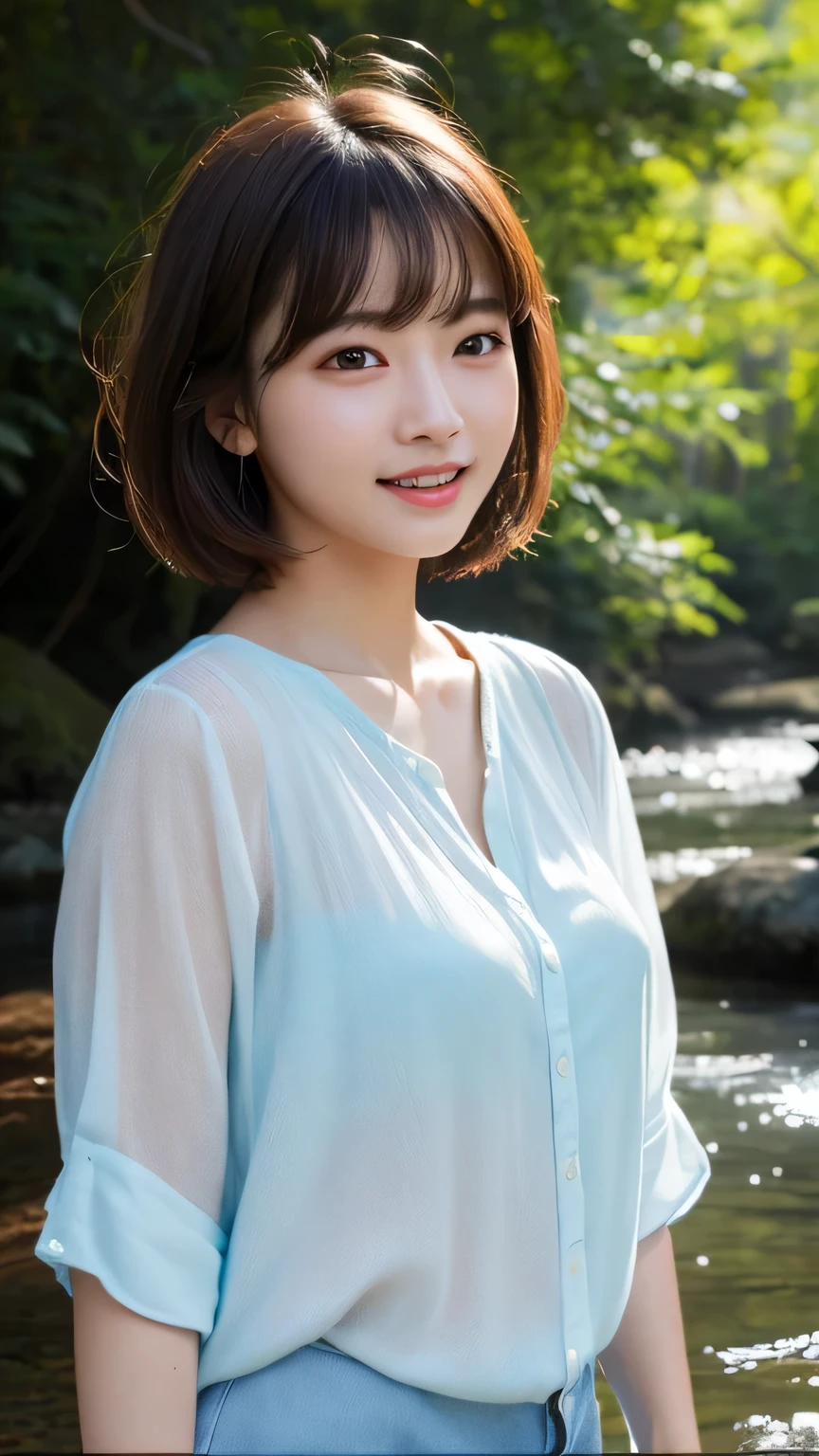 (Realistic:1.4), (surreal:1.4), (Smooth lighting:1.05), 1 Girl, Laugh a little, Pure beauty, 22 years ago, Soft lighting, Backlight, (High quality realistic skin texture), Narrow eyes, Very detailedな顔, Glowing Skin, retina, Anatomically correct, Acura, Very detailed, Rough skin, high quality, Advanced Details, 最high quality, High resolution,Morning forest with clear water flowing through it, Short hair swaying in the wind, bangs, blouse