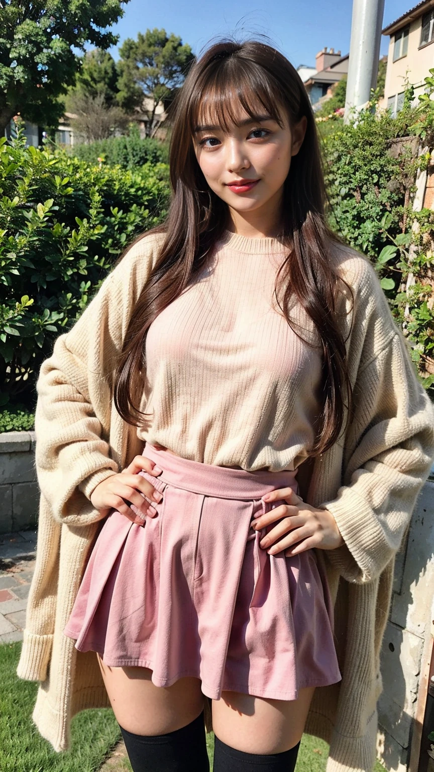 (8K、RAW Photos、Highest quality、masterpiece:1.2)、(Highest quality、Realistic)、1 Girl、((ribbon、Sweater Moon Costume、See-through、Frills、Big Breasts、Breast enlargement、smile、pink、and black、Lace cloak、mini skirt、Thin legs、whole body、boots、garden、View from the front、Looking into the camera、Idol Costume、Stand with hands on hips))、cute