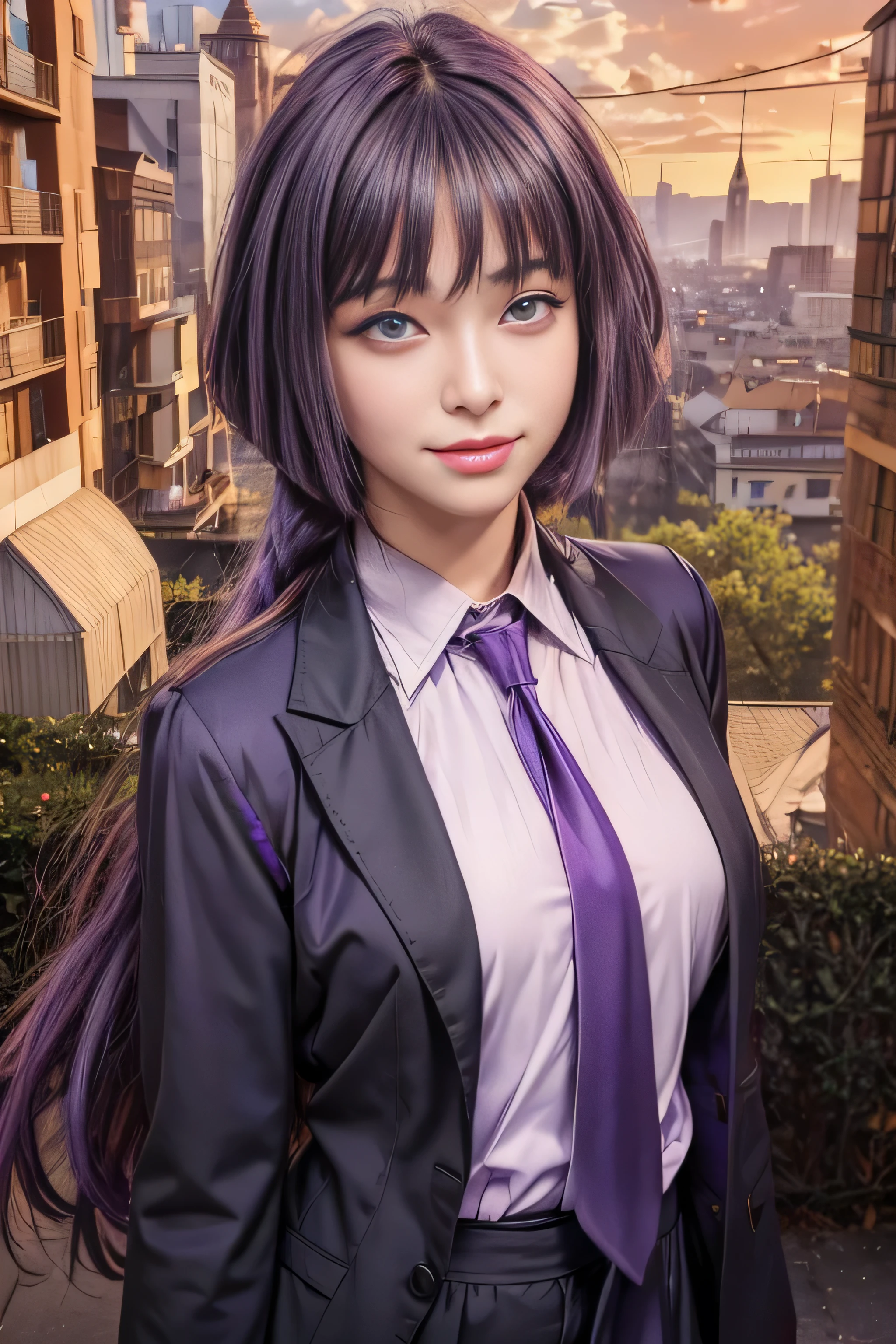 masterpiece, best quality, (realistic,photo-realistic:1.4), (RAW photo:1.2), extremely detailed CG unity 8k wallpaper, delicate and beautiful, amazing, finely detail,official art, absurdres, incredibly absurdres, huge filesize, ultra-detailed, extremely detailed, extremely detailkcaled girl,extremely detailed eyes and face, light on face,(little smiles:1.3),long hair,(purple hair:1.3),rooftop,city,small breast,(purple eyes:1.5),sumire kakei,sunset,city,(formal clothes:1.5),(wearing necktie:1.4)