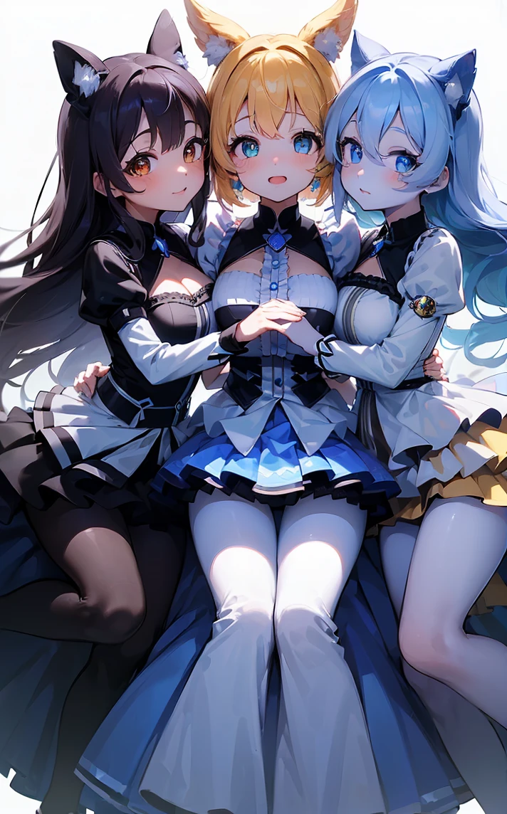 (Cute eyes:1.2), (Sparkling eyes:1.2),(Beautiful Eyes:1.2), Highest quality,wonderful,finely,Highly detailed CG Unity 8k wallpaper, (The three of them hugged each other:1.3),(Three people of different heights:1.5), (Three Girls, Idol, Skinny body, Dressed), (Huge breasts), (Open your mouth:1.1),(Idolグループ:1.2),(From behind:1.2),(Beautiful Eyes:1.2),(Different hairstyles),(All three of them wear the same costume:1.6),(All three have different eye colors:1.5),(All three have different skin colors.:1.5),Upper Body,(Live Stage:1.3)