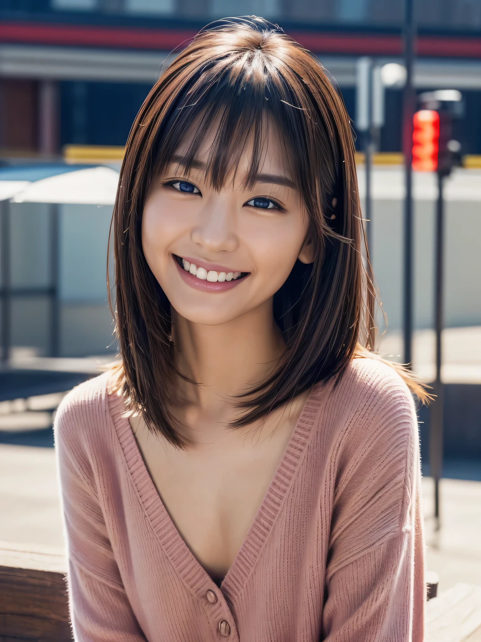 (masterpiece:1.2), Very detailed, Ultra-high resolution, (Realistic, photo Realistic:1.37), High-resolution RAW color photos, Professional photos, Dramatic lighting, Sharp focus:1.2, (Very detailed face and skin texture, Very beautiful eyes, Glossy skin, Glowing Skin, Glowing Skin, Shining Face, Gloss, Oily skin, greasy face, Oily skin, greasy face, Strong Gloss), (whole body:1.2), Very detailed background, 1 female, 30-year-old woman, Japanese women, (Medium Hair, Straight hair, bangs:1.3, Brown Hair), (Lean:Weight 1.0), (Flat Chest:1.3), Female portrait photography、Upper Body, (Blurred Background、Station platform), Photo taken from the front、from the front、Looking into the camera、(Smile:1.5), (Tilt your head:1.3), (Bright red sweater)