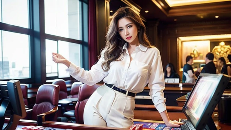 - [ ] realistic:1.37, Masterpiece, best quality, raw image, nonsense, UHD, 1 girl, Wavy hair, brown hair , look at viewer, In a large office casino in a high-rise office building in Nevada, ,Casino and slot machine environment,complicated details, Detailed background, Fine skin, hair follicles, height, HDR , Presentation to ten men , modelที่สวยงาม, Soft light on the face,JP_model , Medium bust, 30-year-old woman ,((white shirt,Pant set ))