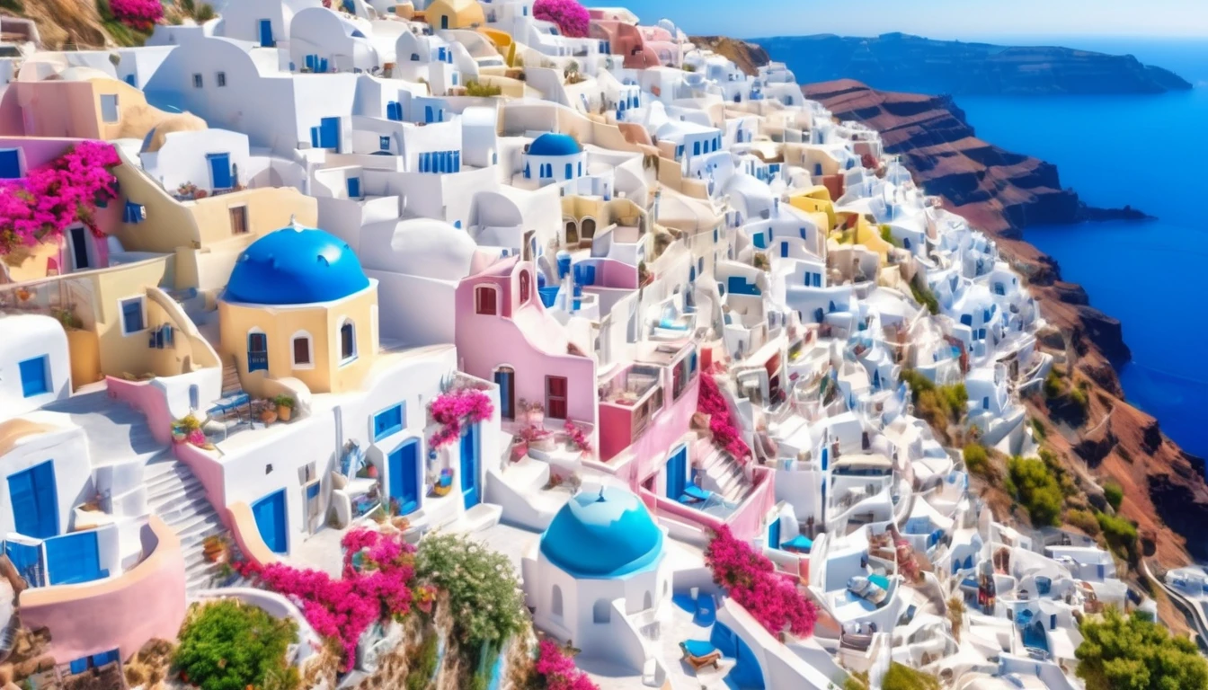aerial front view Santorini Greece, multi color house blue cyan pink green yellow red, daylight, Mediterranean landscape, Greek fantasy panorama, Greek architecture, Greek fantasy, incredibly beautiful, Greek style, Mediterranean city, breathtaking image, masterpiece artwork, 8k, 16k, best quality, high detail, high quality, super detail, high resolution hyper realistic, 8K, photorealistic, extreme detail, ( best quality, 4k, 8k, high resolution, masterpiece: 1.5), ultra detailed, (realistic, photorealistic, photo-realistic: 1.5)