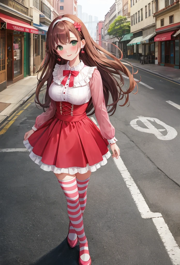 1 beautiful girl in a red dress walking down a street, anime girl, outdoor, street, walk, elegant walking, facing viewer, looking at viewer, head tilt, solo, red dress, long sleeves, dark brown hair, bangs, long hair, wavy hair, expressive hair, shiny hair, jewelry, aqua eyes, pupils sparkling, earrings, nervous smile, headband, pink flower in hair, green eyes, a bright face, light smile, parted lips, nose blush, blush, lovely big round breasts, striped thighhighs, high detail, anime, dithering, pov, perspective, atmospheric perspective, panorama, Wide-Angle, f/1.8, 85mm, Sony FE GM, 8k, super detail, UHD, retina, masterpiece, accurate, anatomically correct, best quality, highres