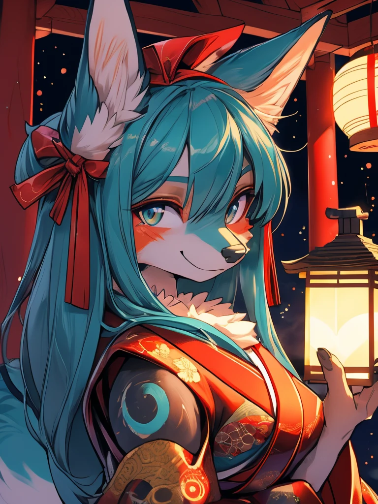 Miku Hatsune, add high definition_detail:1, blue fur,kitsune ears, tribal tattoo add_detail:1, showing her beautiful figure, japanese shrine costume, japanese magic shrine add_detail, Eclipse solar, smiling add_detail:1, horny teen add_detail, fox face elongated snout add_detail:1