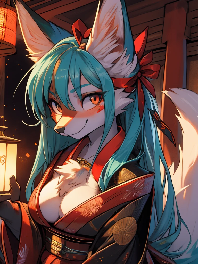 Miku Hatsune, add high definition_detail:1, blue fur,kitsune ears, tribal tattoo add_detail:1, showing her beautiful figure, japanese shrine costume, japanese magic shrine add_detail, Eclipse solar, smiling add_detail:1, horny teen add_detail, fox face elongated snout add_detail:1