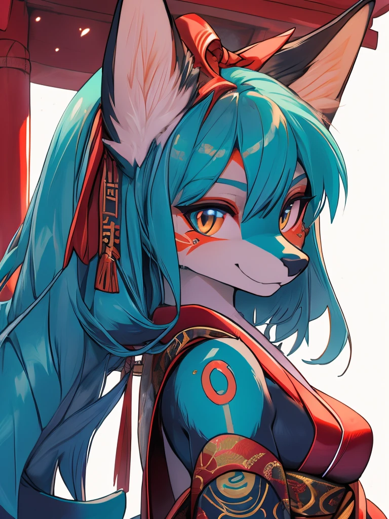 Miku Hatsune, add high definition_detail:1, blue fur,kitsune ears, tribal tattoo add_detail:1, showing her beautiful figure, japanese shrine costume, japanese magic shrine add_detail, Eclipse solar, smiling add_detail:1, horny teen add_detail, fox face elongated snout add_detail:1