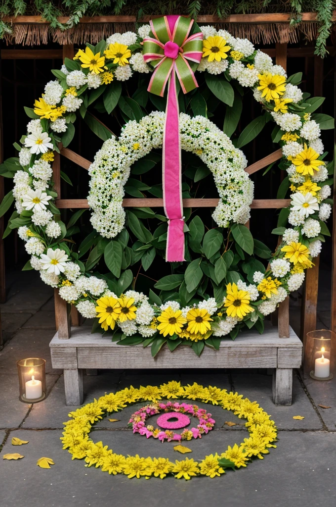 A decorative wreath made of vibrant greenleaves and flowers encircles the wordPOOJA in textured white letters. Above thewreath, colorful puffs of pink, yellow, andgreen smoke emerge, while scatteredleaves surround the composition on a gray