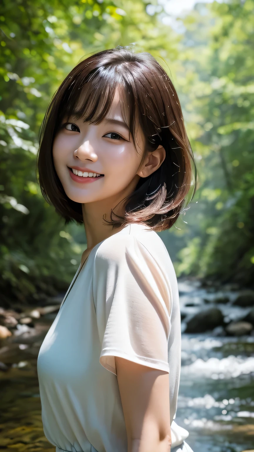 (Realistic:1.4), (surreal:1.4), (Smooth lighting:1.05), 1 Girl, Laugh a little,  Pure beauty, 22 years ago, Soft lighting, Backlight, (High quality realistic skin texture), Narrow eyes, Very detailedな顔, Glowing Skin, retina, Anatomically correct, Acura, Very detailed, Rough skin, high quality, Advanced Details, 最high quality, High resolution,Morning forest with clear water flowing through it, Short hair swaying in the wind, bangs, blouse
