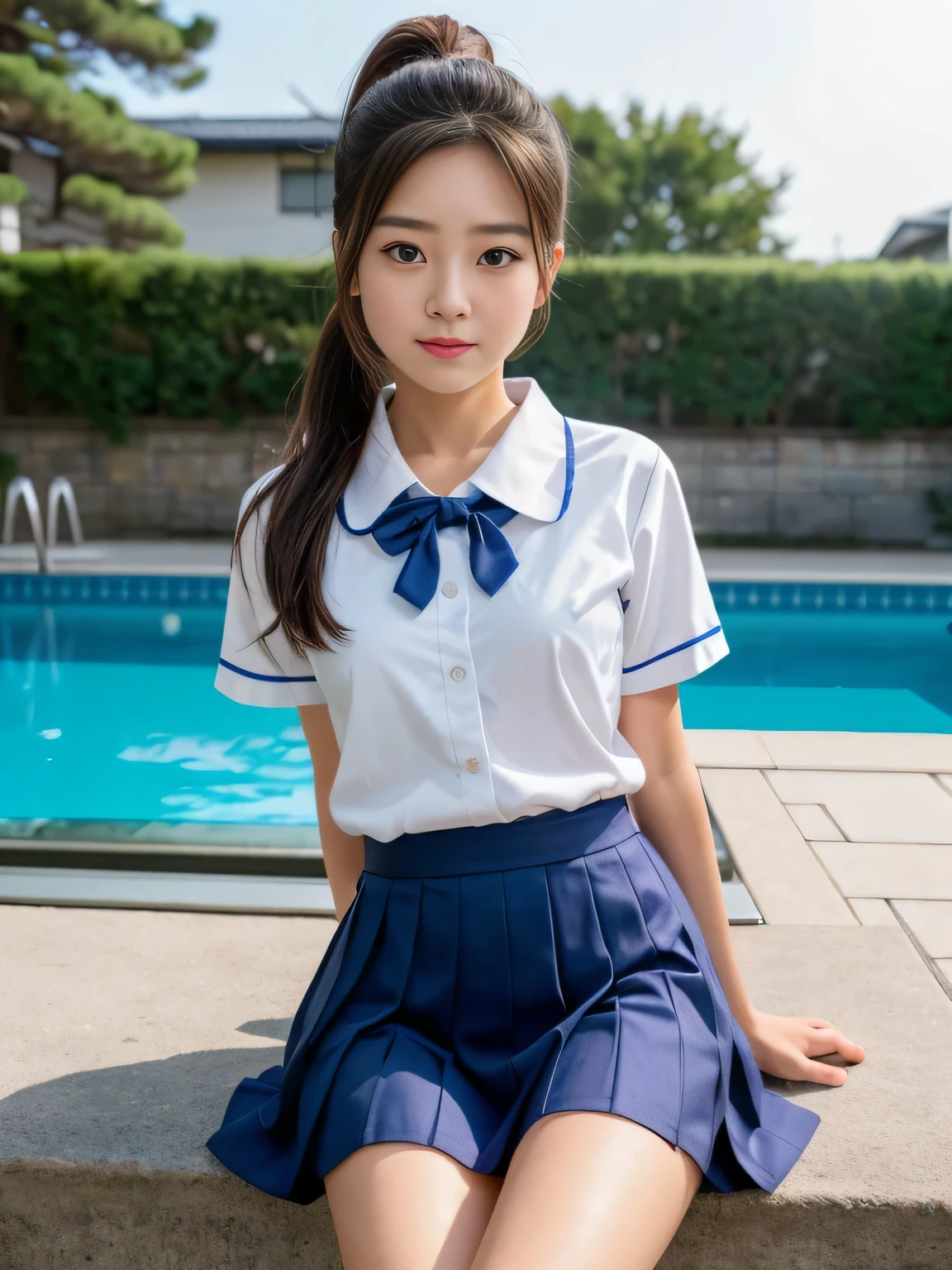 (8K、Live Action、RAW Photos、Highest quality、masterpiece:1.2),(Outdoor,Pool,sunlight:1.2),((Perfect lighting)),(ponytail),Looking at the audience,Upward glance,Viewed from the front,Sexy pose, return,strong,erotic,18-year-old,student,White skin,knees,Absurd,Small face,前hairを真ん中から分けます、The forehead is visible,(Be embarrassed,Squint your eyes,Glare,strong,skinny,skinny,Irritated)、masterpiece,Highest quality、Ultra-high resolution,One person, One personで,Close-up shot、cute、Return to student,(Japanese School Uniform:1.3),high school girl,Japanese women,Are standing,(フォトGenuine:1.37)、Photon Mapping,Genuineistic、cuteSmall face,Brown eyes、prospect、Written boundary depth、blurred returnground、Genuine,(前hairが見える), hair, kneesが見える, thigh,(Nogizaka idol), actress、Small, shapely breasts、Super quality、Low people、(Skin with visible pores:1.2)、(Focus on the face)、Small face、7 Head to Body、Check and fix the skeleton