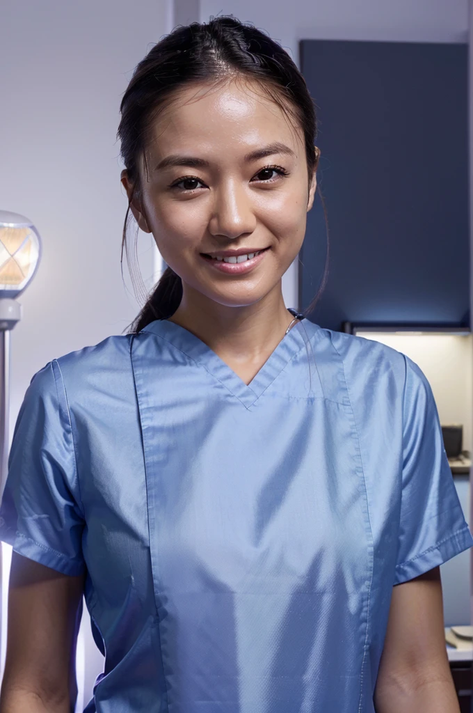 ((masterpiece)), ((Highest quality)), reality, High resolution, Super detailed,One female dental hygienist, 30th generation, Delicate facial features,  smile, dental clinic, ((indirect lighting)), Upper Body,Wearing medical scrubs,Harmony々