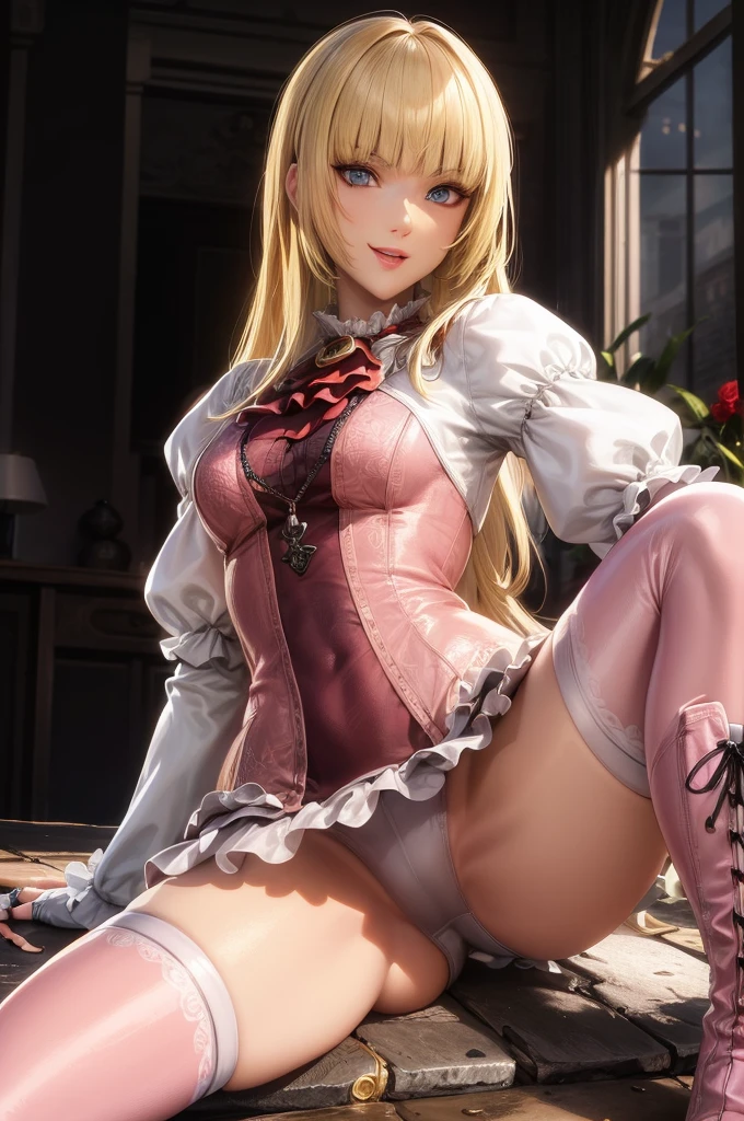 perfect eyes:1.2, detailed eyes:1.4, Emilie T8, blunt bangs, blue eyes, long hair, blonde hair, thighhighs, lace-up boots, pink frilled dress, frilled ascot, fingerless gloves, smile, red eyeshadow:1.2, makeup:1.2, cowboy shot, 1girl, solo, (masterpiece:1.6, best quality), 8k, insane details, intricate details, hyperdetailed, hyper quality, high detail, ultra detailed, professional, HDR, ray tracing reflection, cinematic lighting,