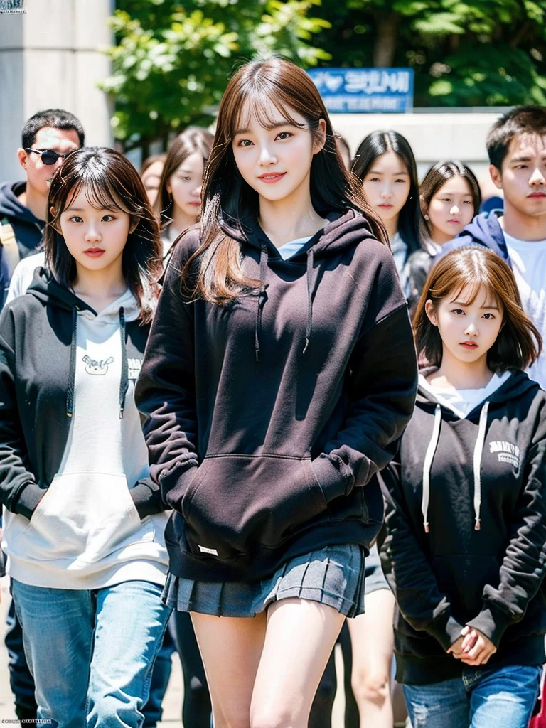 (A photo of a super cute Korean schoolgirl walking with some strong bodyguards:1.2)(laughing:1.1)(Beautiful Sweat:1.1)(16K, RAW Photos, Highest quality, masterpiece: 1.2),(A cute hairstyle with shiny brown hair) Super detailed, Super Resolution, (Genuine, Genuine photos: 1.37), Portraiture, High-resolution RAW color photos, Professional photos, Very detailed, 8k wallpaper, Very detailed CG Unity 8k wallpaper, Very detailed beautiful girls, Very detailed faces, ((whole body)), beautiful woman, Huge breasts,(huge boobs:1.1) (Big Boobs:1.1), beautiful  (Wearing a large hoodie:1.2),high school girl, Korean Girls,(K-POP Female Idols), (Idol-class beauty)(Beautiful high school girl:1.1)(In front of the court)()(Large hoodie:1.1)