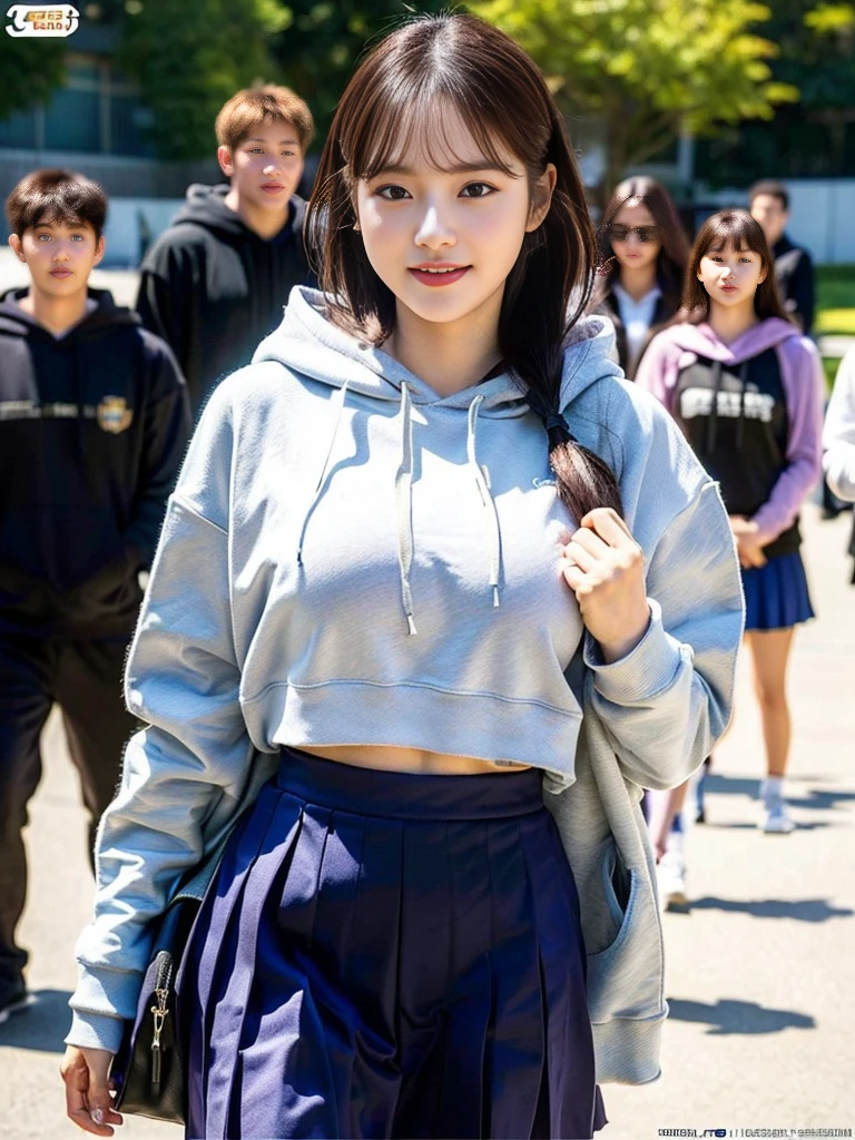 (A photo of a super cute Korean schoolgirl walking with some strong bodyguards:1.2)(laughing:1.1)(Beautiful Sweat:1.1)(16K, RAW Photos, Highest quality, masterpiece: 1.2),(A cute hairstyle with shiny brown hair) Super detailed, Super Resolution, (Genuine, Genuine photos: 1.37), Portraiture, High-resolution RAW color photos, Professional photos, Very detailed, 8k wallpaper, Very detailed CG Unity 8k wallpaper, Very detailed beautiful girls, Very detailed faces, ((whole body)), beautiful woman, Huge breasts,(huge boobs:1.1) (Big Boobs:1.1), beautiful (Wearing a large hoodie:1.2),high school girl, Korean Girls,(K-POP Female Idols), (Idol-class beauty)(Beautiful high school girl:1.1)(In front of the court)()(Large hoodie:1.1)