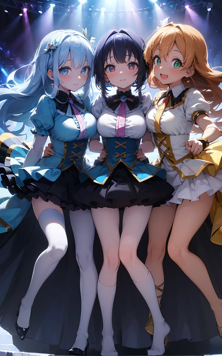 (Cute eyes:1.2), (Sparkling eyes:1.2),(Beautiful Eyes:1.2), Highest quality,wonderful,finely,Highly detailed CG Unity 8k wallpaper, (The three of them hugged each other:1.3),(Three people of different heights:1.5), (Three Girls, Idol, Skinny body, Dressed), (Huge breasts), (Open your mouth:1.1),(Idolグループ:1.2),(From behind:1.2),(Beautiful Eyes:1.2),(Different hairstyles),(All three of them wear the same costume:1.6),(All three have different eye colors:1.5),(All three have different skin colors.:1.5),Upper Body,(Live Stage:1.3)