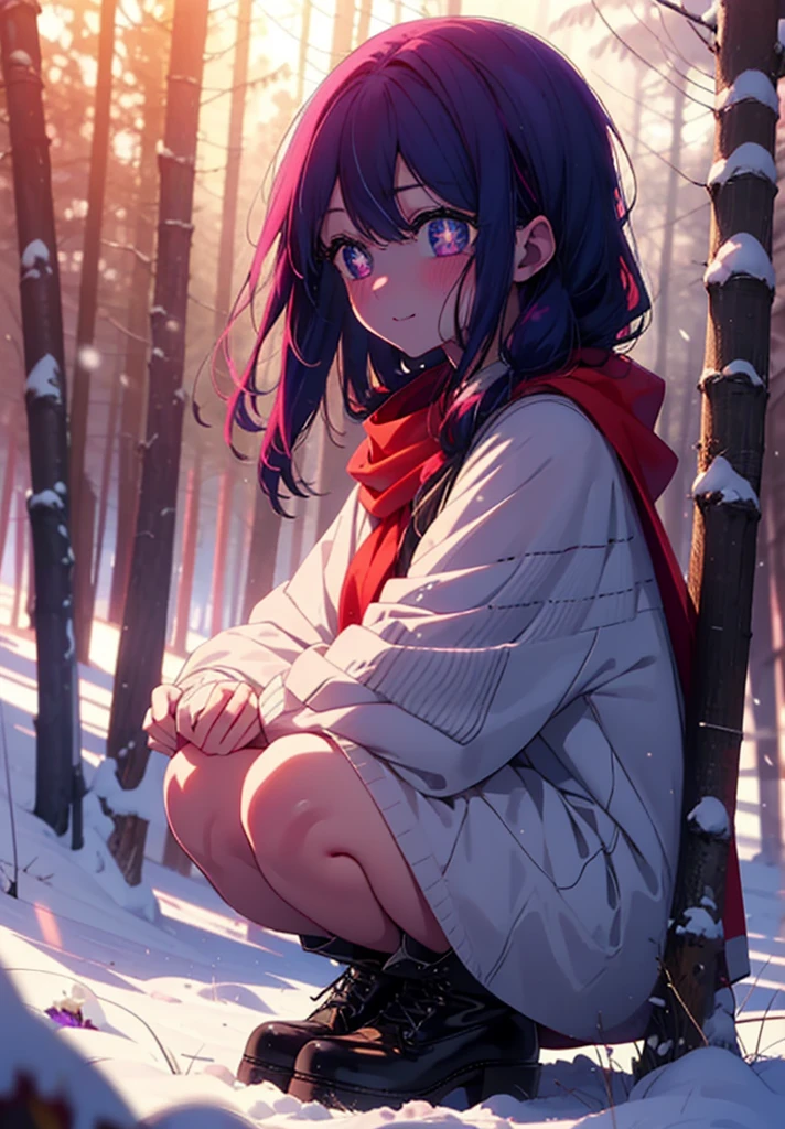 aihoshino, Ai Hoshino, Long Hair, bangs, (Purple eyes:1.1), Purple Hair, (Symbol-shaped pupil:1.5), smile,,smile,blush,White Breath,
Open your mouth,snow,Ground bonfire, Outdoor, boots, snowing, From the side, wood, suitcase, Cape, Blurred, , forest, White handbag, nature, Squat, Mouth closed, Cape, winter, Written boundary depth, Black shoes, red Cape break looking at viewer, Upper Body, whole body, break Outdoor, forest, nature, break (masterpiece:1.2), Highest quality, High resolution, unity 8k wallpaper, (shape:0.8), (Beautiful and beautiful eyes:1.6), Highly detailed face, Perfect lighting, Highly detailed CG, (Perfect hands, Perfect Anatomy),