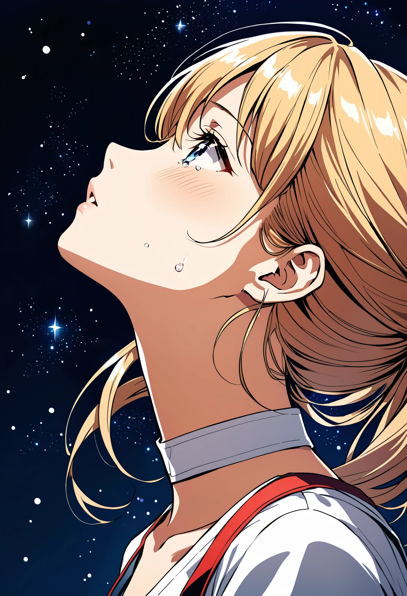 Anime style:1 girl looking up and crying，Profile，90 degree tilt of neck，Face up，Oblique composition