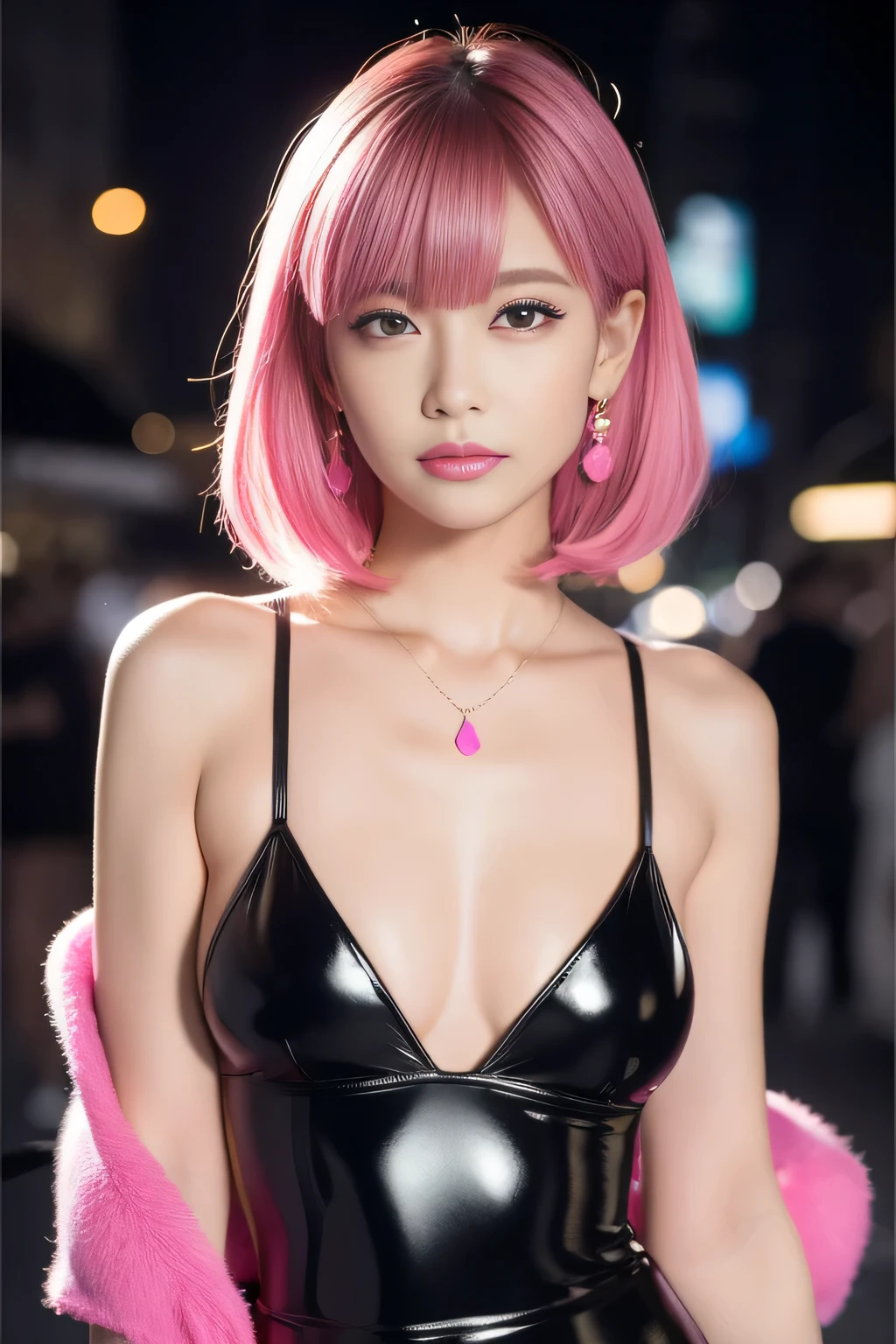 Female Idols、nude lip gloss、smile、smokey eye shadow、Fresh skin、Winged eyeliner、((Dramatic Eyelashes))、(((Full body portrait)))、Very large shiny earrings(Neon Hot Pink)、Very large shiny necklace(Neon Hot Pink)、(Shiny latex Brazilian string bra(Neon Hot Pink))、(Shiny Latex Brazilian String Tanga(Neon Hot Pink))、clutch(Neon Hot Pink)、((Colorful Short Hair(Neon Hot Pink)))、Long white fluffy fur coat with white fluffy fur(Bright white)、conceptual art, high quality, Realistic, Very detailed CG synthesis 8k wallpaper, Very detailed, High-resolution RAW color photos, Professional photography, Cinematic Light, Beautiful details, Super detailed, High detail, (((bokeh))), Depth of written boundary, illumination, Neon Street, Super stylish lighting