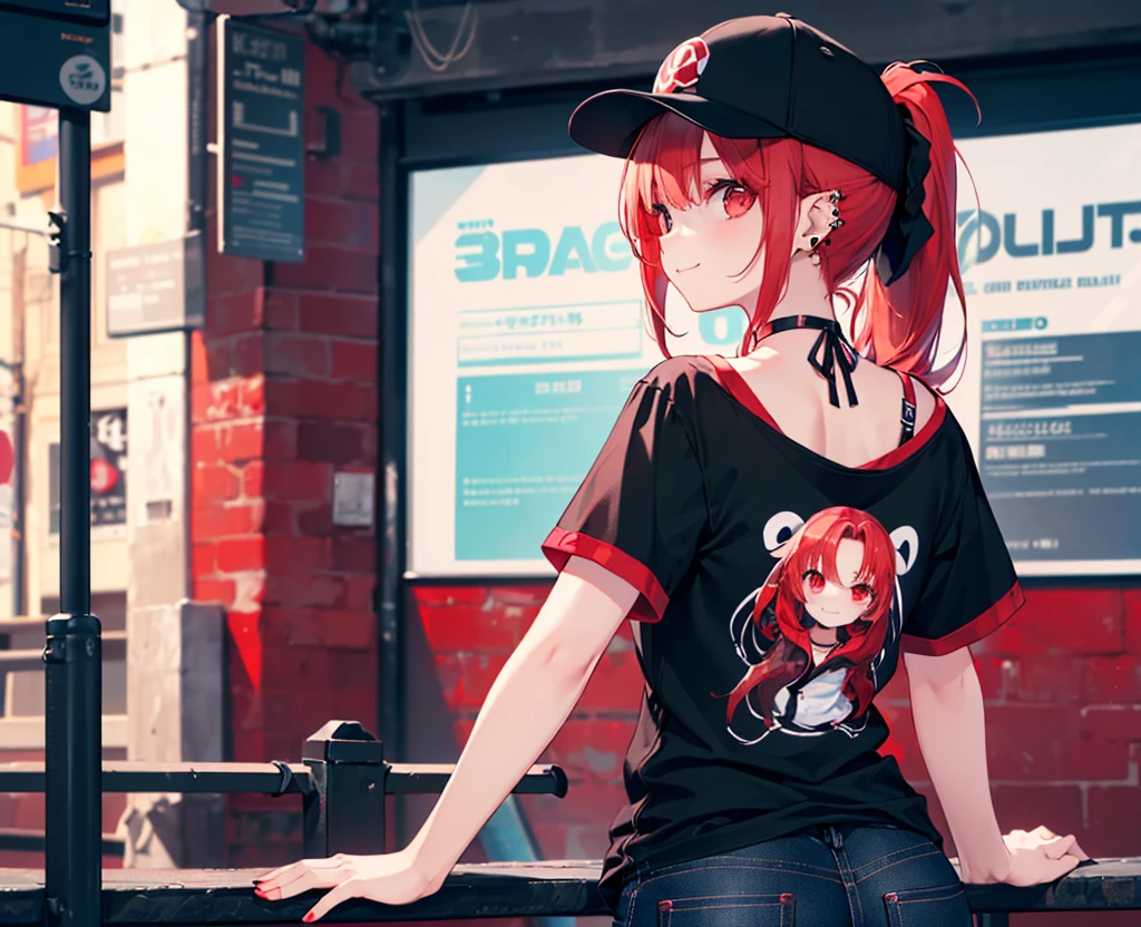 (Close-up:1.3),Realistic,Highest quality, Ultra Detail, High-quality CG rendering, The most delicate and beautiful, Floating softly, High resolution, (1 girl), (Highest quality,4K,8K,masterpiece:1.2),(All red hair:1.5), (ponytail:1.5),(Red eyes:1.5),(Slightly larger breasts:1.2), (Oversized black short sleeve t-shirt:1.3),(Black skinny jeans:1.3),(Black baseball cap:1.3),In the city,old buildings,(Turn your back to your audience:1.3),Butt,Are standing,smile,(Piercing in left ear:1.3),(Black choker:1.3)