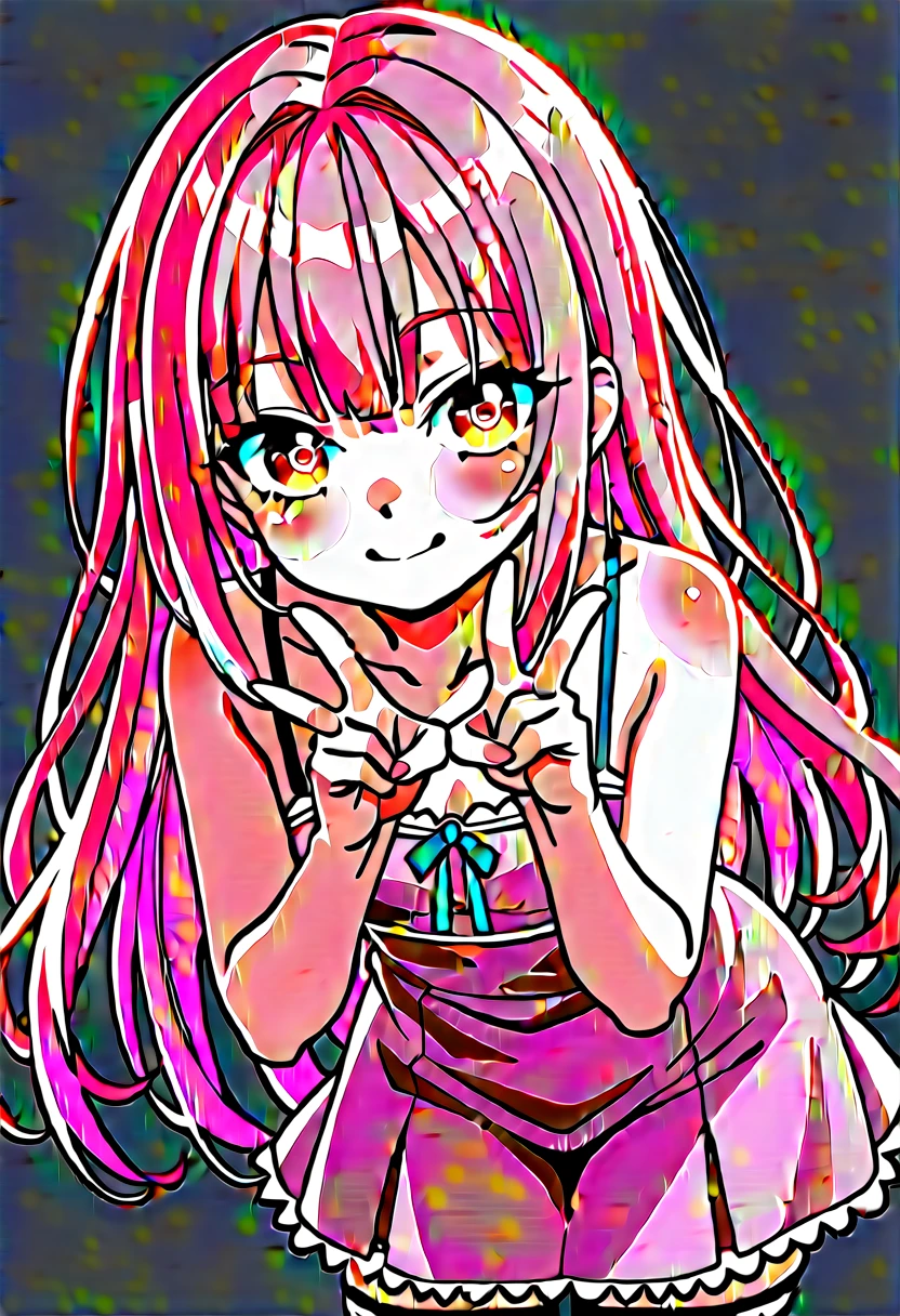 score_9, score_8_up, score_7_up, source_anime, 1girl, Long pink hair, cute, Pink short dress, Black striped stockings, bending forward, peace sign, V over eye, Brown eyes, cute graphic, perfect anatomy, high detailed eyes, award winning, highly textured skin details, 8k, absurdres, good hands,