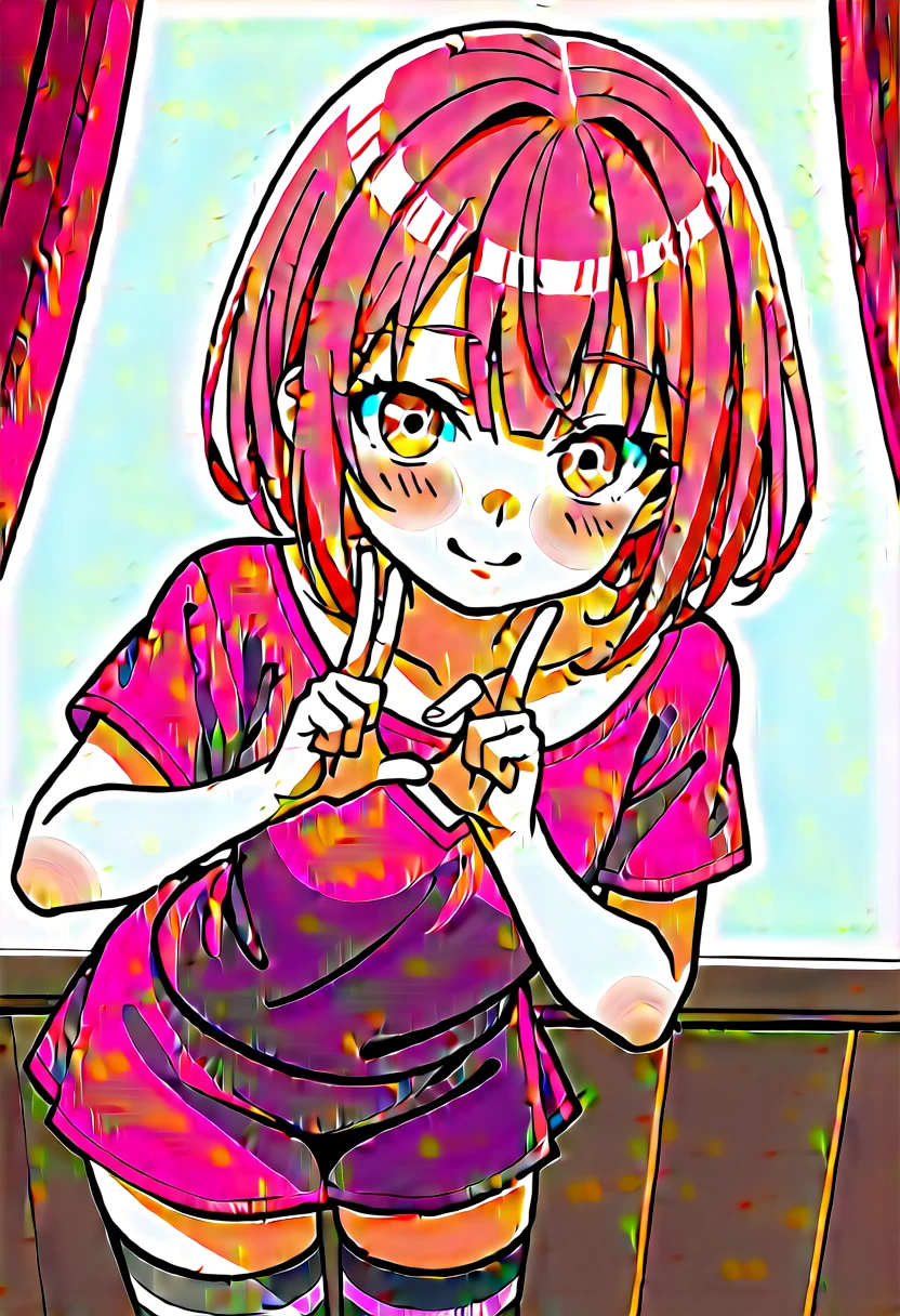 score_9, score_8_up, score_7_up, source_anime, 1girl, Long pink hair, cute, Pink short dress, Black striped stockings, bending forward, peace sign, V over eye, Brown eyes, cute graphic, perfect anatomy, high detailed eyes, award winning, highly textured skin details, 8k, absurdres, good hands,