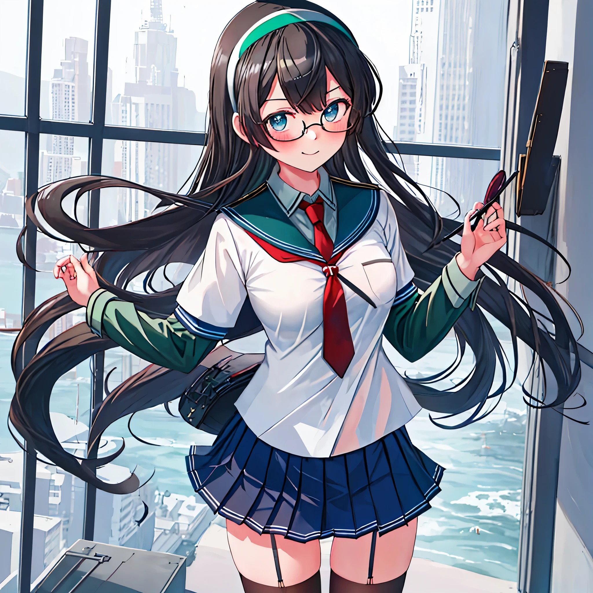 best quality, masterpiece, highres, solo, {ooyodo_kantaicollection:1.15}, black_hair, long_hair, glasses, hairband, semi-rimless_eyewear, under-rim_eyewear, blue_eyes, green_eyes, blush,small_breasts, 1girl, school_uniform, serafuku, pleats_skirt, looking_at_viewer, necktie, harbor_school_background, red_necktie,angry,smile,Proudly,thigh-highs,dynamic_posing