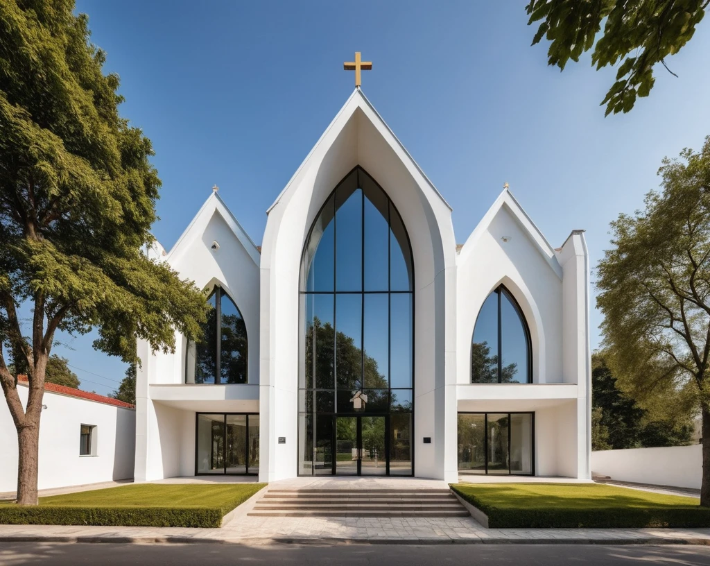 raw photo, best quality, ultra realistic, masterpiece, best quality skin, photography hd, dslr,
tcs, httlvn,a modern church, road, people, house, facade design, outdoors, church, cross on top, 3 arched windows, 3 column, sunshine, street view, depth of view from the tree, white wall, one building