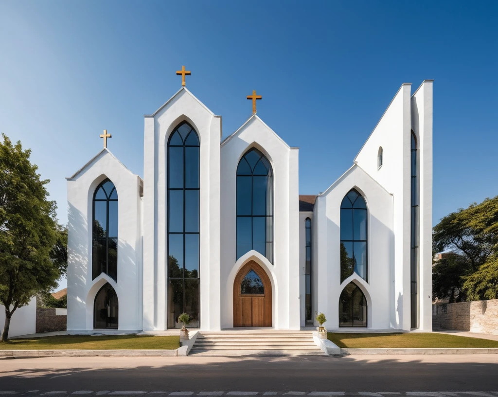 raw photo, best quality, ultra realistic, masterpiece, best quality skin, photography hd, dslr,
tcs, httlvn,a modern church, road, people, house, facade design, outdoors, church, cross on top, 3 arched windows, 3 column, sunshine, street view, depth of view from the tree, white wall, one building