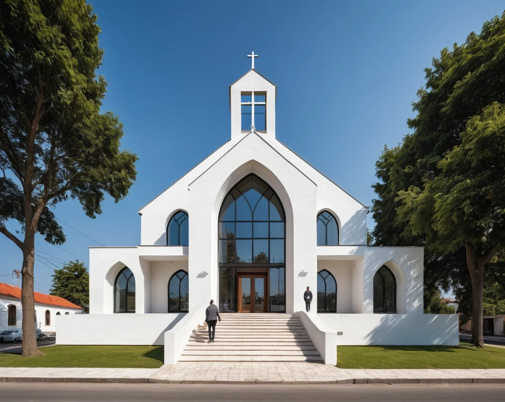 raw photo, best quality, ultra realistic, masterpiece, best quality skin, photography hd, dslr,
tcs, httlvn,a modern church, road, people, house, facade design, outdoors, church, cross on top, 3 arched windows, 3 column, sunshine, street view, depth of view from the tree, white wall, one building